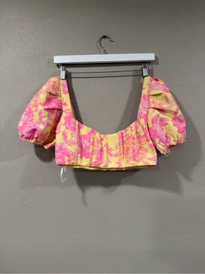 White Fox Yellow & Pink Floral Puff Sleeve Crop Top thumbnail 3
