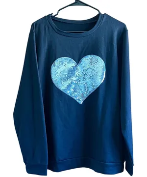 Sequin Heart Large Sweatshirt Pullover Long Sleeve Casual Top Comfy Black Large thumbnail 1
