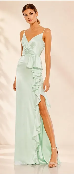 Mac Duggal Pistachio Green Satin Ruffled Maxi Dress 67815 Size 6 Sleeveless thumbnail 1