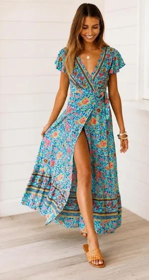 Prettygarden Floral Wrap Maxi Dress Blue Boho V Neck Short Sleeve Size S thumbnail 1