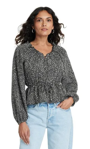 NWT Universal Thread Womens Balloon Long Sleeve Blouse 92235285 Black Abstract S thumbnail 1