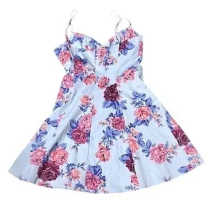 Zara Blue Pink Floral Bustier Mini Dress‎ Spaghetti Strap Fit and Flare Size M thumbnail 3