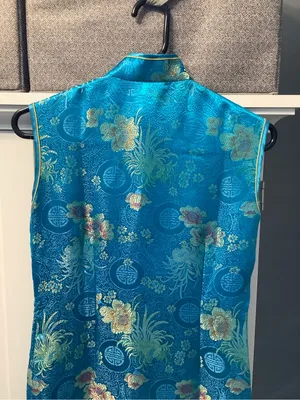 Yuexuan Qipao Dress Shanghai Style Blue Gold Floral Satin Mandarin Collar Y2K thumbnail 7