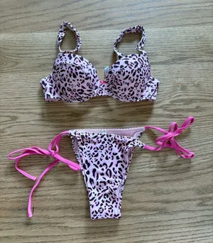 Frankie's Bikinis Pink Leopard Print Bikini Set with Hot Pink Ties thumbnail 1