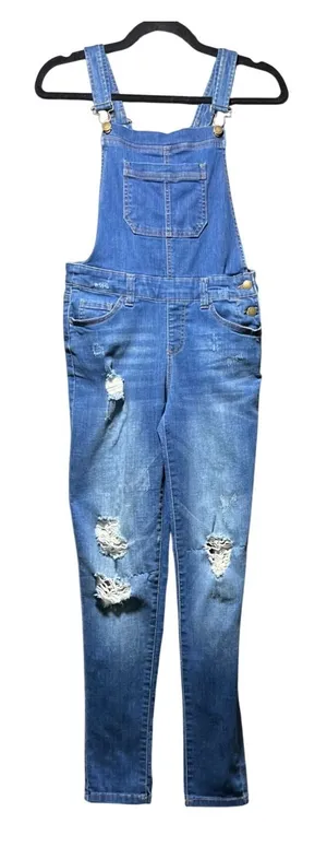 Wax Jean Distressed Denim Overalls Medium‎ Wash Skinny Leg Blue M thumbnail 1