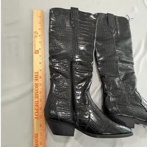 Black Croc Embossed‎ Tall Western Cowboy Boots Pointed Toe Block Heel Size 8 thumbnail 6