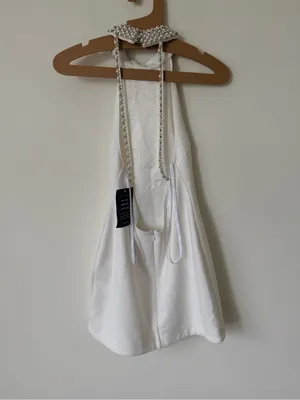 Retrofête NWT Penelope dress White Pearl-Trim Halter Mini Dress Size Small thumbnail 5