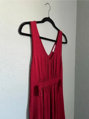 Mango Linen Blend V-Neck Maxi Dress Red Tiered Ruffle Hem Elastic Waist XS Red thumbnail 3