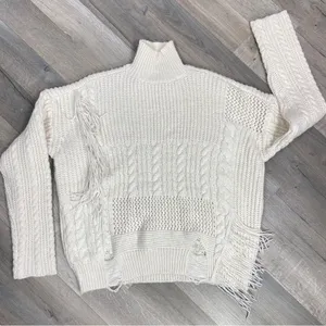 Free Generation Multi Stich Fringe‎ Distressed Turtle Neck Sweater Cream Small thumbnail 8
