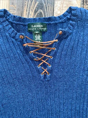 Lauren Ralph Lauren Navy Ribbed linen blend Lace-Up V-Neck Sweater thumbnail 3