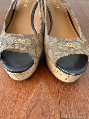Coach Tan Signature Canvas Peep-Toe Slingback Heels with Black Toe thumbnail 6