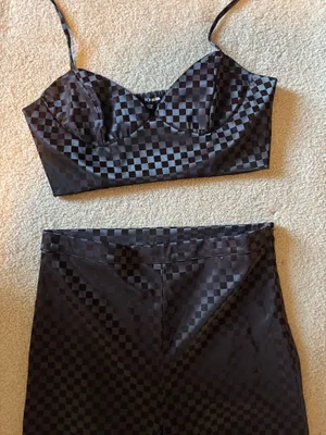 FashioNova Checkered Two-Piece Crop Top & Wide Leg Pants Set - Brown thumbnail 2