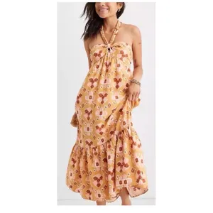 Aerie Orange Ikat Print Braided Halter Midi Dress Smocked Back Small thumbnail 3