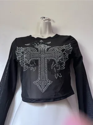 Black Mesh Long-Sleeve Crop Top with Rhinestone Cross thumbnail 5