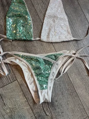 Teal and White Sequins Two-Piece Bikini Swimsuit Medium Women's Cheeky thumbnail 5