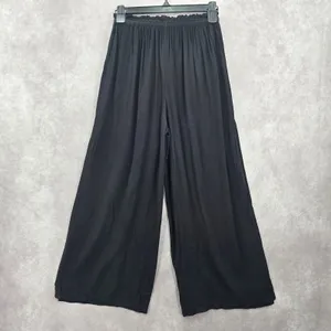 Black Wide Split Flowy Straight Beach Vacation Lounge 90s Pullon Boho Pants XS‎ thumbnail 8