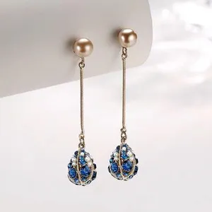 Women's Pearl Blue Crystal Long Tassel Dangle Drop Earrings thumbnail 2