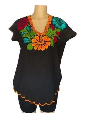 Mexican Embroidered Blouse Artesanal Floral Top Cotton Boho Festival NEW thumbnail 1