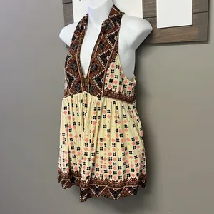 Free People Sleeveless Collared Boho Flowy Key Hole Tank V-Neck Tunic- Medium thumbnail 2