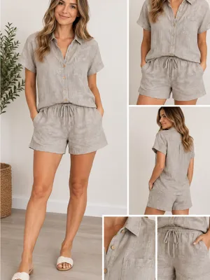Women’s L Market Spruce Linen 2 Piece Matching set Beige Tan Button Down Collar thumbnail 2