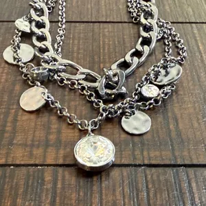 Paparazzi Multi Layered Gunmetal Chain Necklace Rhinestone Hammered Statement thumbnail 2