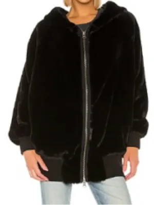Free People Black Faux Fur Hooded Zip Jacket thumbnail 1