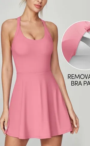 NEW IUGA Pink Tennis Dress with Built-in Shorts and Pockets Small Halter‎ Back thumbnail 1