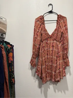 Free People Jackie Mini Dress M Rust Floral Plaid Boho NWOT thumbnail 4