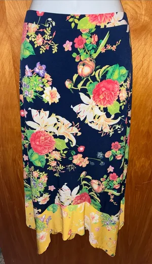 Rafaella Boho Floral Navy Blue, Yellow, Pink, Cream, & Green Midi Skirt - Size thumbnail 1