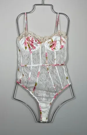 For Love & Lemons Floral Lace Bustier Bodysuit Small Pink White thumbnail 1