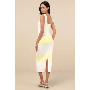 NWT Lulus Easily Gorgeous Ivory & Yellow Striped Midi Sweater Dress Casual Sz S thumbnail 3