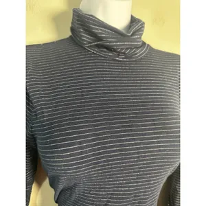 J.Crew Navy Blue Silver Metallic Striped Turtleneck Top BM313 Womens Medium‎ thumbnail 3