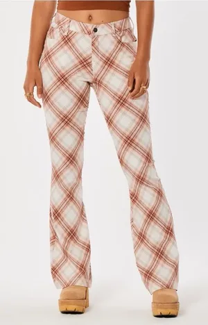Hollister High Rise Flare Pants Brown Plaid Stretch Women’s Size XL Regular NWT thumbnail 1