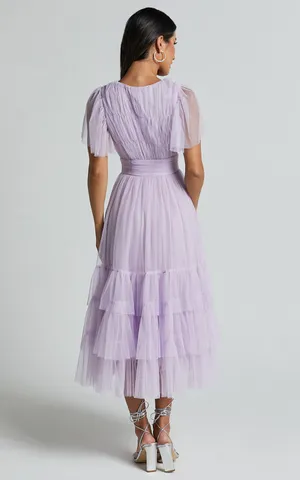 New Showpo Jiraye Midi Dress Flutter Sleeve Tuelle Plunge Dress Size Large thumbnail 6