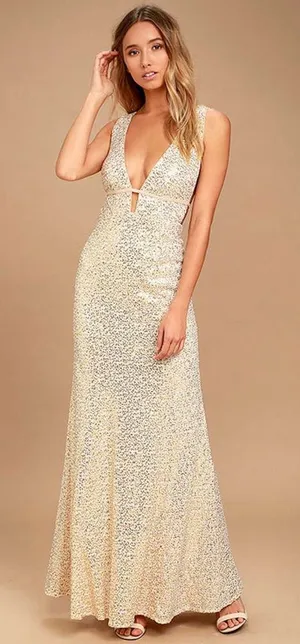 Lulu’s Wish Granted Beige Sequin Maxi Dress • Large • NWT thumbnail 1