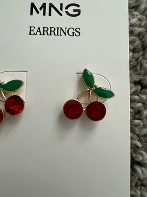 MNG Mango Cherry Earrings Red Rhinestone Stud Cute Fruit Jewelry Gift thumbnail 4