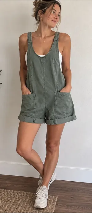 Free People We The Free Olive Green Denim Short Overalls thumbnail 1