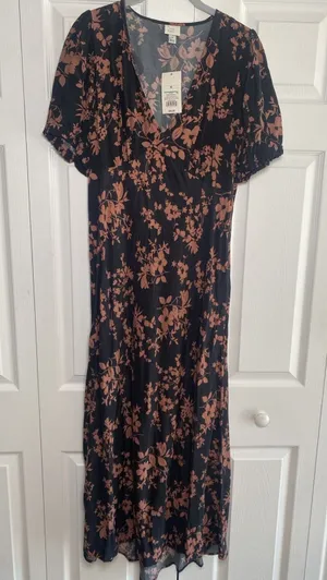 A New Day Womens Medium Black Brown Floral Maxi Dress Dark Cottage Babydoll V‎ thumbnail 1
