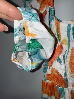 Smocked Puff-Sleeve Midi Dress in White with Orange & Teal Print thumbnail 5