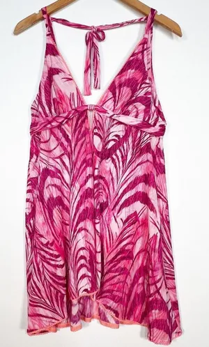 On Gossamer Fuchsia Pink Feather Print Babydoll Chemise Slip Dress Womens L thumbnail 1
