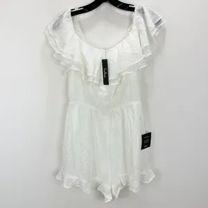 Lulus Frilled to Bits White Swiss Dot Off-the-Shoulder Romper Chiffon Medium NWT thumbnail 6