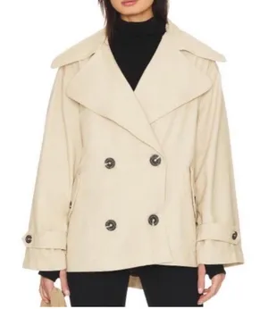 FREE PEOPLE‎ Tan Highlands Double-Breasted Cotton Peacoat Oversized Size Small thumbnail 1