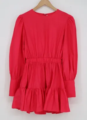 Trendy & Unique Pink Tiered Ruffle Mini Dress Long Puff Sleeve Elastic Waist S thumbnail 1
