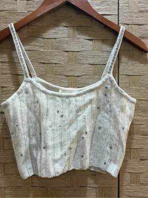$275 LOVE SHACK FANCY cashmere wool gray rhinestone crop top NWOT M quiet luxury thumbnail 2