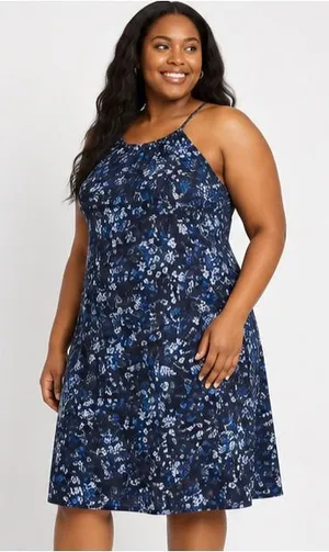 Time and Tru Womens Dress Size XL Dark Navy Floral Halter Knit Midi Flowy Halter thumbnail 1