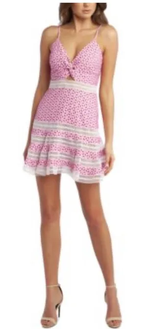 Bardot Camille fit and flare mini Eyelet lace Dress. pink white sz M 8 thumbnail 1