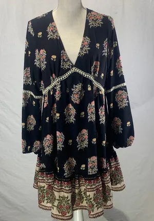 Funky Soul Long Sleeve Boho Hippie Black Floral Dress Size Medium thumbnail 1