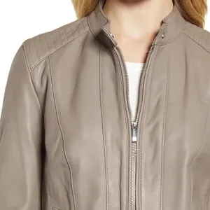 Cole Haan 100% Genuine Lambskin Leather Moto Jacket Lined‎ Biker Taupe Size M thumbnail 3