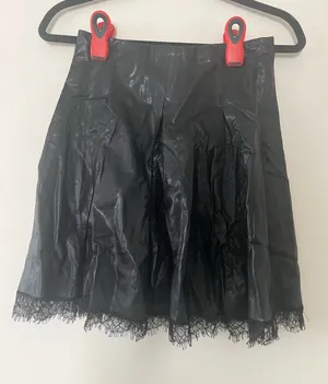 Zara Faux Leather Lace Trim Mini Skirt Black XS Romantic Feminine Office Chic thumbnail 1
