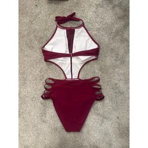 Tempt Me Women's One-Piece Sexy Mesh Neck Halter Monokini Swimsuit in Maroon, M thumbnail 6